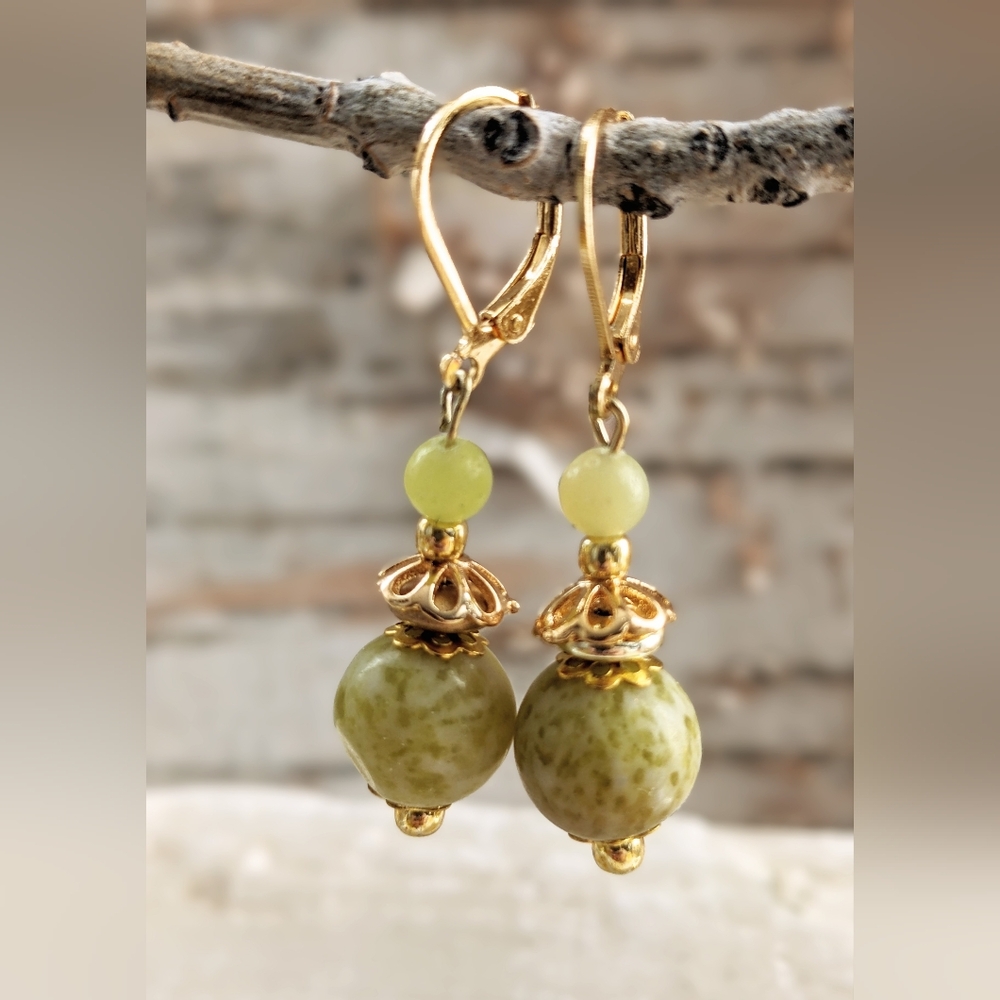 Natural Green Jade Ball In Gold Plated Earrings